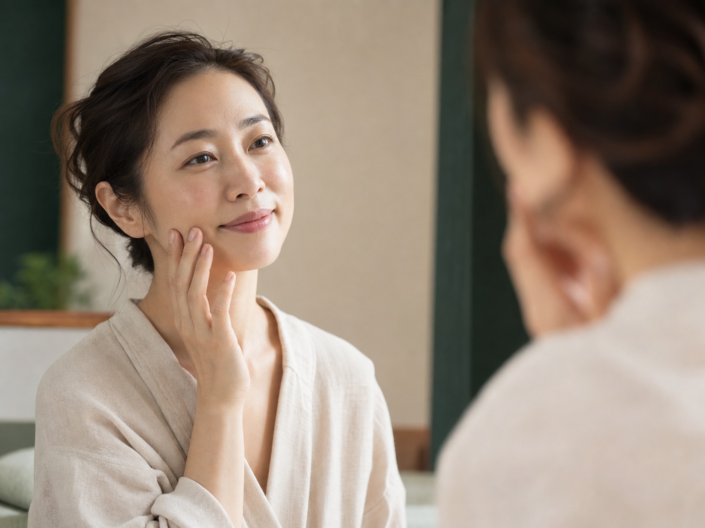 鏡を見ながら肌に触れる女性